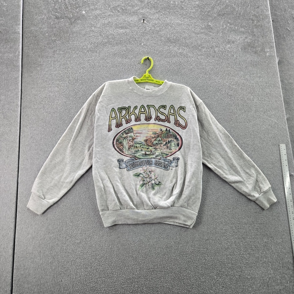 VINTAGE Arkansas Men Sweatshirt L Gray Graphic Print Fleece Natural State READ